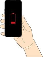 illustration of a right hand holding a smartphone displaying a low battery icon red color. Concept of low power device, energy efficiency, mobile technology, and power management. vector