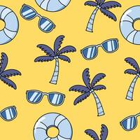 Summer Elements Seamless Pattern, Sunglasses Palm Trees And Swimming Rings On Light Beige Background vector