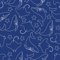 A seamless pattern featuring white outlines of whales, stingrays, and starfish on a dark blue background vector
