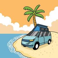 illustration of a van with a small tent parked on the beach, illustration in flat style for summer vector