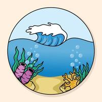 A cartoon underwater scene with a wave, coral, seaweed, and bubbles in a circular frame vector