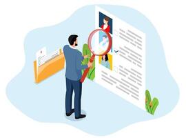 Job hiring involves HR managers researching candidate profiles, conducting online interviews, and using rating systems to evaluate resumes and select the right workers for company positions. vector