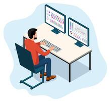 A businessman analyzes data with colorful charts and graphs on two large monitors, featuring design concepts for business data analysts and finance investment. vector