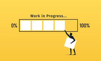 Work In Progress. A man puts last cube to the progress bar, yellow colored background vector