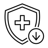 Low immunity icon, showing a shield with a cross mark and a downward arrow, symbolizing weak immune system and vulnerability to illness vector