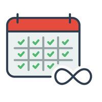 Habit tracker flat icon, featuring a calendar with checkmarks, accompanied by an infinity symbol, representing continuous progress and limitless growth vector