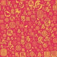 Chinese Calligraphy Horse Characters and Seal Designs Seamless Pattern Texture in Gold on Red, Suitable for Chinese New Year Decorative Backgrounds vector