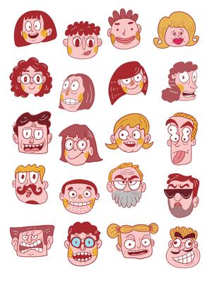 Funny Cartoon Face Expressions Collection, Cute Character Avatars with Various Emotions like smiling, angry and surprised Illustration Set