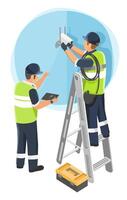 Professional technicians installing a modern security camera system on a high wall using digital tablet and ladder for surveillance setup in commercial building vector