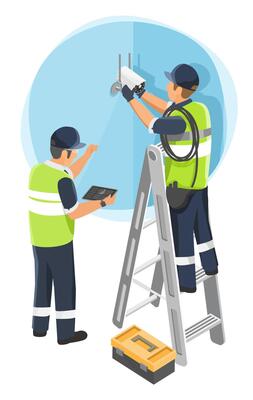 Professional technicians installing a modern security camera system on a high wall using digital tablet and ladder for surveillance setup in commercial building