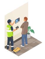 Smart home system maintenance technician explaining security control panel interface to homeowner inside modern interior space vector