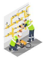 Two professional technicians installing industrial yellow gas pipeline system using specialized tools and safety equipment inside a controlled facility environment vector
