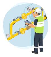 Gas pipeline engineer inspecting pressure gauges and valves during routine maintenance to ensure safety and operational efficiency at an industrial facility vector