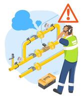 Untrained technician confused while facing gas pipeline leak with warning sign indicating risk of improper maintenance vector