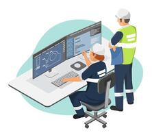 Female industrial engineer designing mechanical component on dual monitor workstation in modern control room environment vector