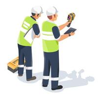 Maintenance technician using thermal scanner to inspect industrial equipment while another technician observes and prepares tools on white background vector