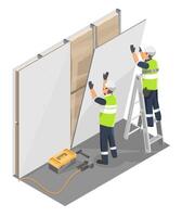 Worker installing drywall in residential building using thermal insulation panels for energy efficient interior wall construction and climate control improvement vector