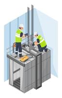 Technician installing elevator system on top of lift shaft with tools and control panel inside high rise building for maintenance and safety inspection purposes vector