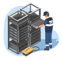 Server room technician replacing hardware components in a data center to ensure optimal system performance and prevent unexpected downtime vector