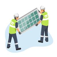 Window installer sealing glass panels while two construction workers in safety vests carefully handle large window frame in isolated workplace setting vector