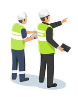Factory staff working with external inspector during on site industrial audit while discussing processes and recording observations for compliance vector