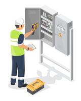 Technician using thermal scanner to inspect electrical control cabinet for heat anomalies during routine maintenance procedure vector