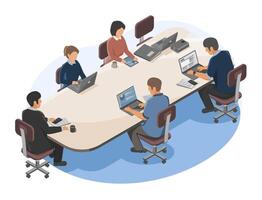Team of professionals sitting around conference table brainstorming ideas and planning project strategy using laptops and digital tools in modern office vector