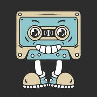 Cassette tape character with leg, in standing pose with smiling face. on dark background vector