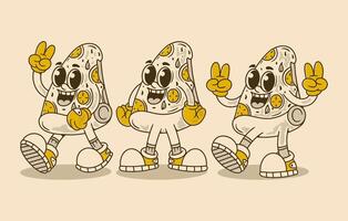 3 pizza slice mascot character with 3 pose, in retro colors vector