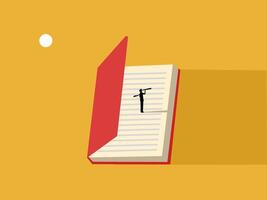 Exploring outside the textbooks, Businessman holding telescope on an open book vector