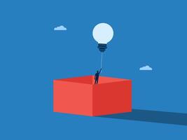 Thinking Out of the Box, Businessman Flying with Light Bulb Balloons Out of the Box vector