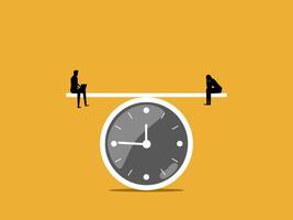 People working and sitting stressed on the same balance of time vector