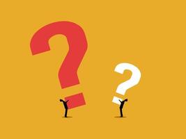Different risks, two businessmen holding burdens of different sizes of question marks vector