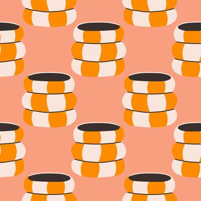 seamless pattern of ceramic vase with abstract design. Cartoon illustration isolated on a pink background.