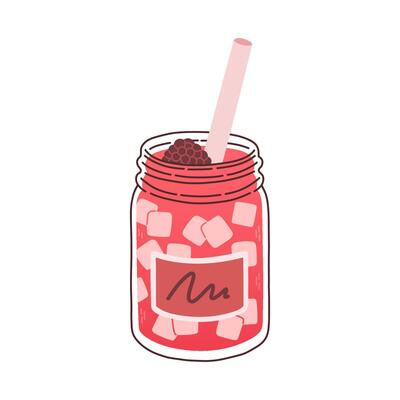 A pink cold drink with lots of ice cubes in a clear cup with pink straw. Fresh drink with cute doodle decoration. illustration blended smoothie for logo, ads, promotion, marketing, banner.