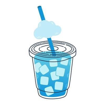 A blue cold drink with lots of ice cubes in a clear cup with cloud. Fresh drink design with cute doodle decoration. illustration blended smoothie for logo, ads, promotion, marketing, banner.