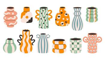 Dopamine vase set. Collection of various geometric vases. Different types of ceramic pottery set in cartoon groovy funky style. Spring, summer elements stickers bundle vector