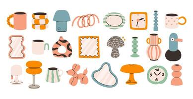 Dopamine decor set. A colorful set of fun and modern home decor mugs, vases, mirrors, lamps, clocks, and playful shapes. The style is soft, round, and cute with happy colors and bold lines. vector