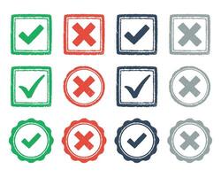 Checkmark and cross stamp icon pack, symbolizes approved, rejected, verified, denied, accepted, declined, and other approval results vector