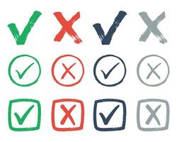 Checkmark and cross icon pack, symbolizing right, wrong, correct, approved, rejected, and other approval outcomes. Designed in brush, pen, and handwritten styles with square, oval, and organic shapes vector