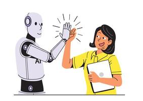 A joyful woman giving a high five to a friendly AI robot, celebrating teamwork in a vibrant and modern environment. vector