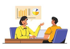 Professional woman presenting analysis data to a colleague during a business meeting, highlighting key statistics and visual aids for effective discussion. vector