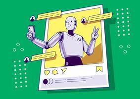 Friendly AI robot taking a selfie while interacting on social media platform with speech bubbles. Technology concept vector