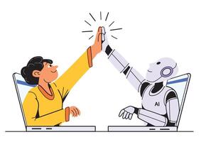 A young person and an AI robot joyfully sharing a high five through their respective laptops, symbolizing virtual collaboration and connection. vector