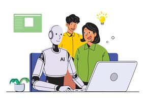 A smiling AI robot collaborating with a woman and a young man at a laptop, fostering creativity and innovative ideas in a bright setting. vector