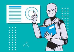An AI robot holding a book and pointing thoughtfully, demonstrating a focus on learning and knowledge in a vibrant environment. vector