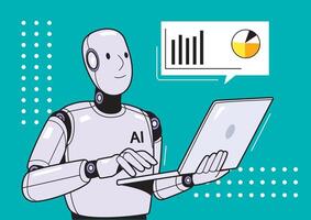 An AI robot analyzing data on a laptop, showcasing a graphical interface with charts and statistics, representing intelligent analytics. vector