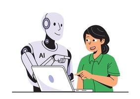 A curious woman engaging with an AI robot as they explore a laptop together in a friendly and collaborative setting. vector
