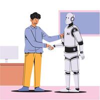 A friendly young man shaking hands with an AI robot, symbolizing collaboration and partnership in a modern workspace. vector