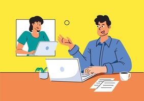 Engaging virtual meeting between colleagues with one presenting ideas while the other listens attentively, utilizing technology for effective communication. vector